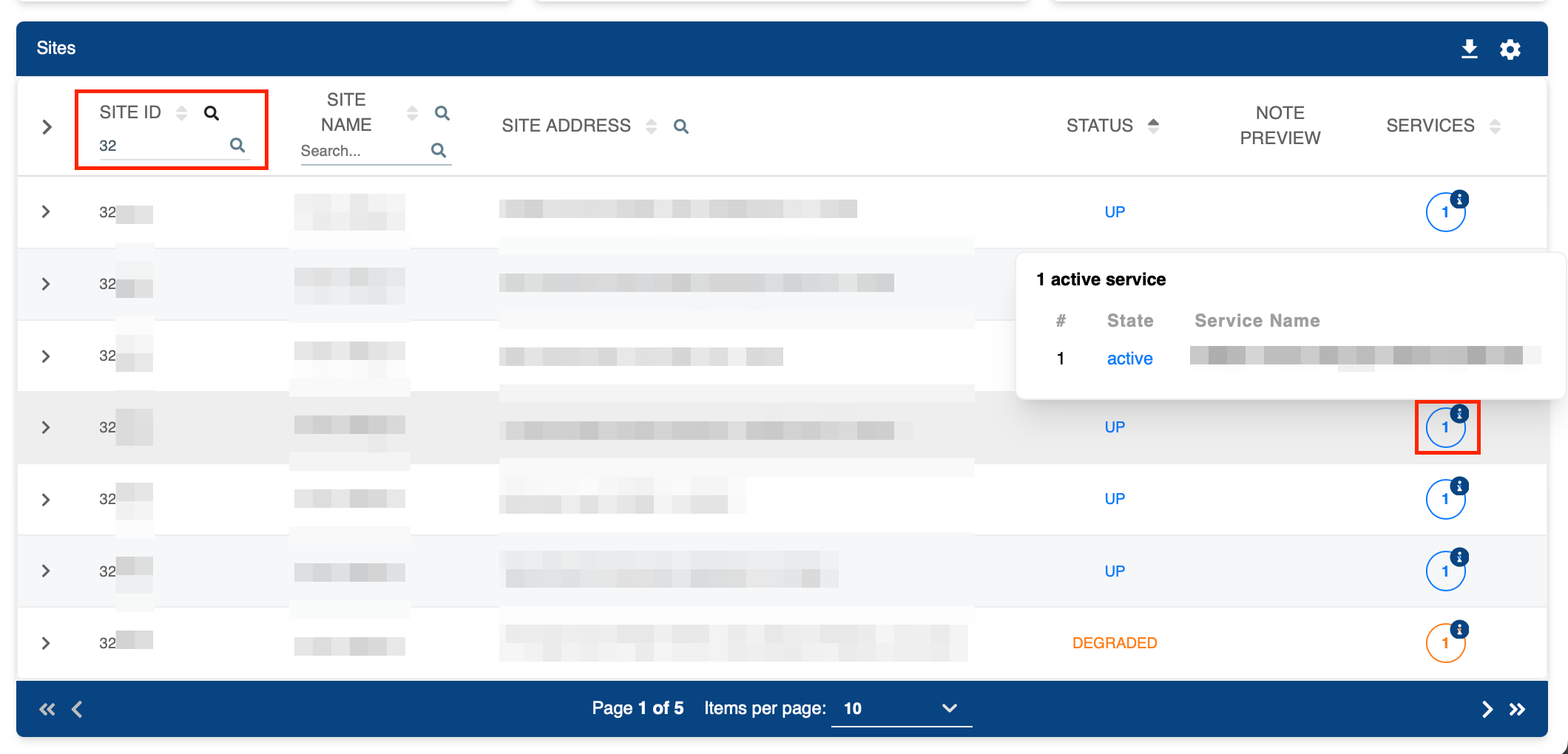 Filtering the services table