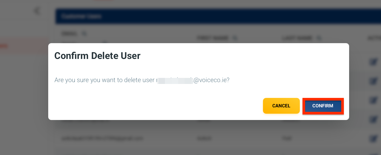 Delete User Confirmation Pop-up
